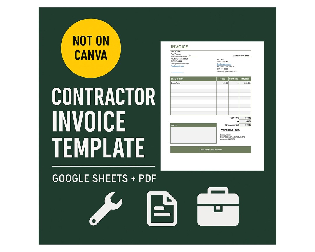 Contractor Invoice Template: Google Sheets & PDF Billing Form - Etsy