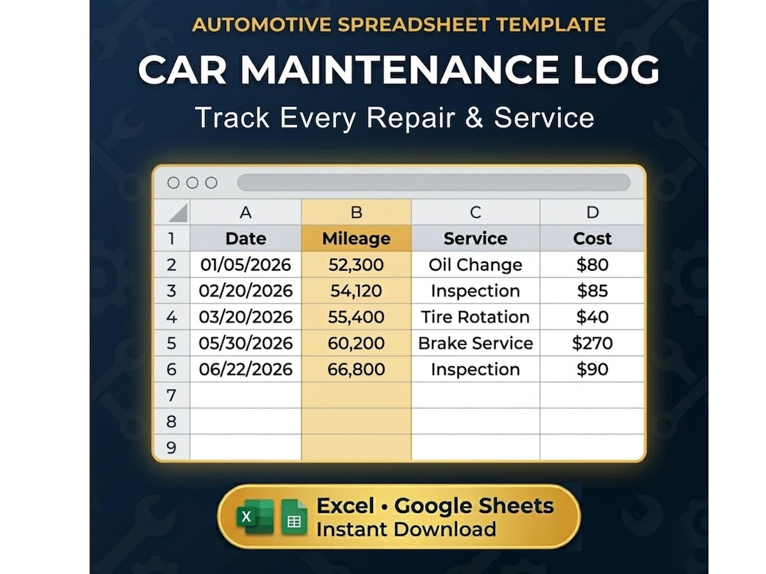 Car Maintenance Log Template – Vehicle Service Log Spreadsheet for ...