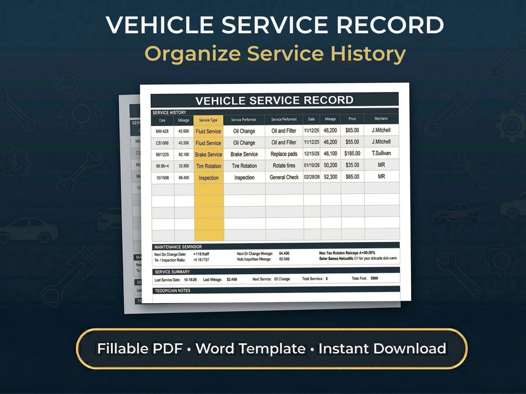 Vehicle Service Record Template – Car Service History Log Spreadsheet ...