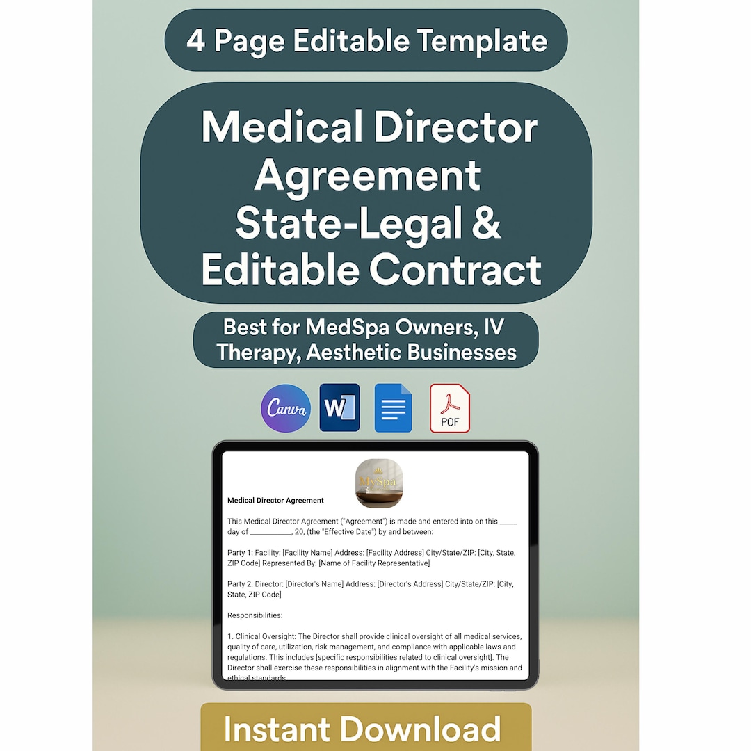 Medical Director Agreement Template Editable Contract for Medspas