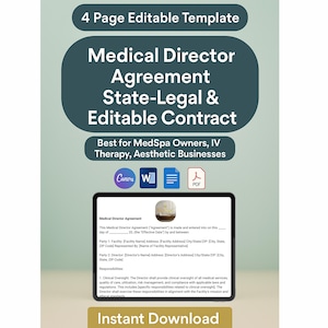 Medical Director Agreement Template – Editable Contract for Med-Spa, IV Therapy & Aesthetic Clinics Word PDF