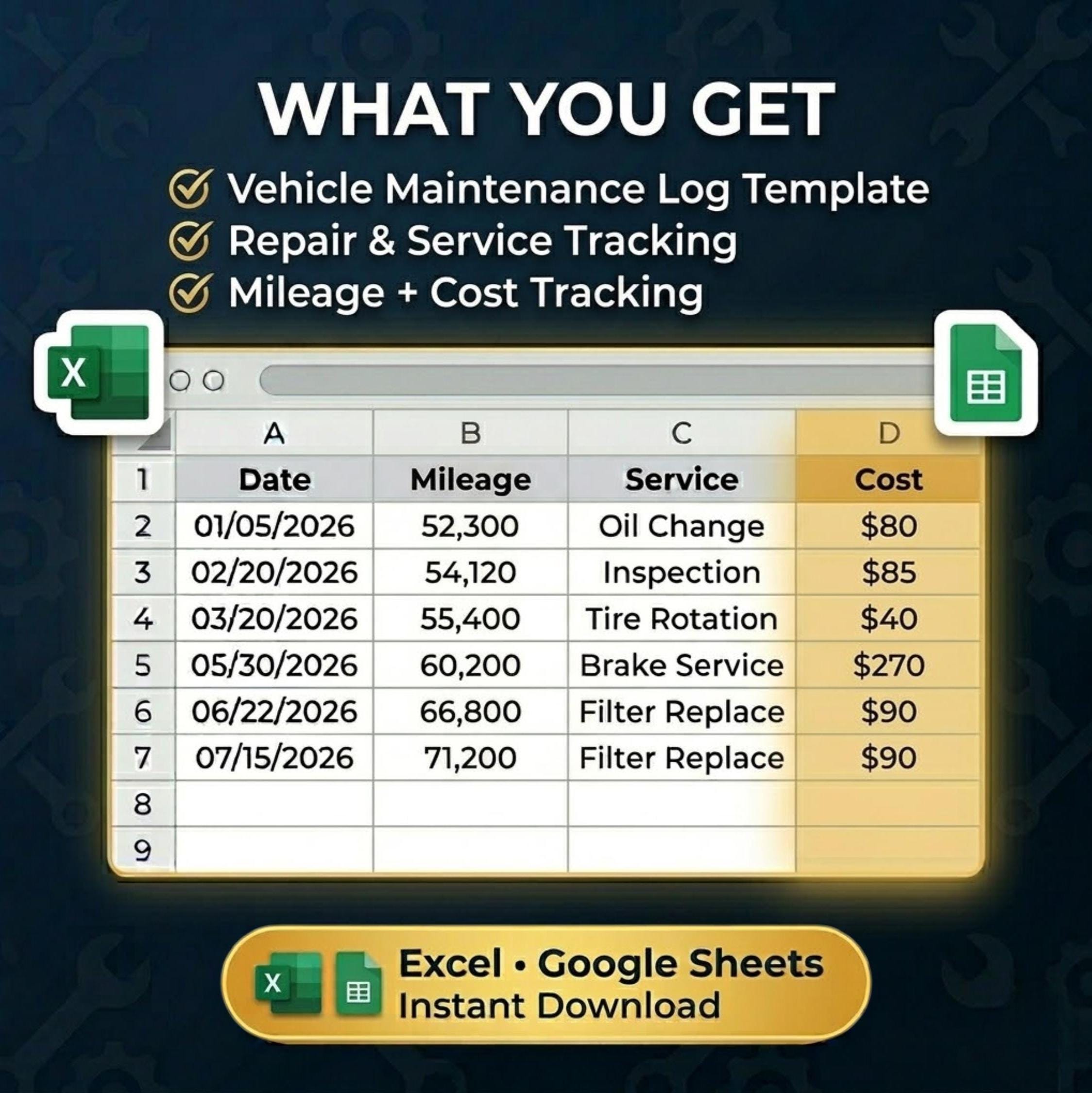 Car Maintenance Log Template – Vehicle Service Log Spreadsheet for ...