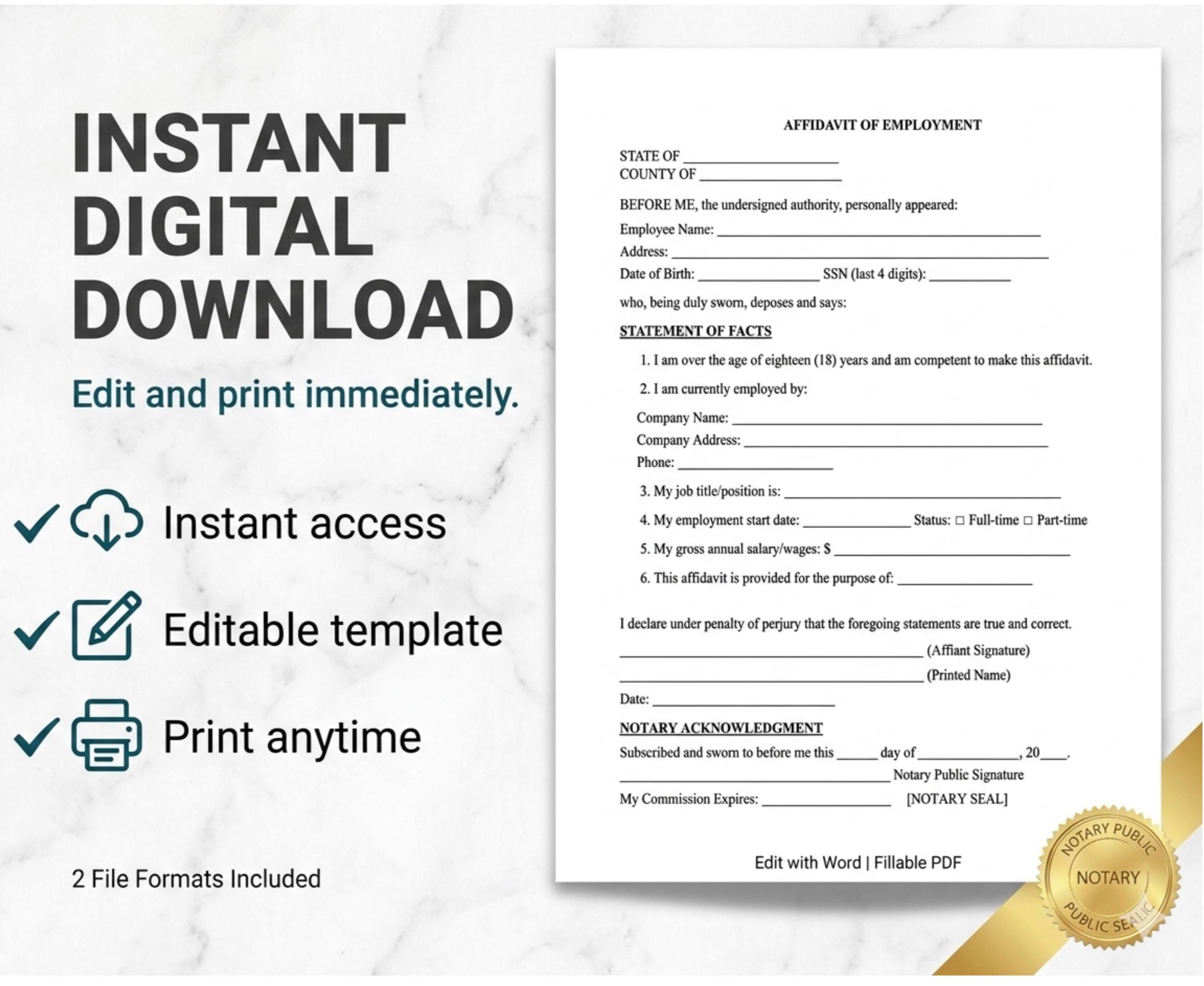 Affidavit of Employment Template | Employment Verification Form ...