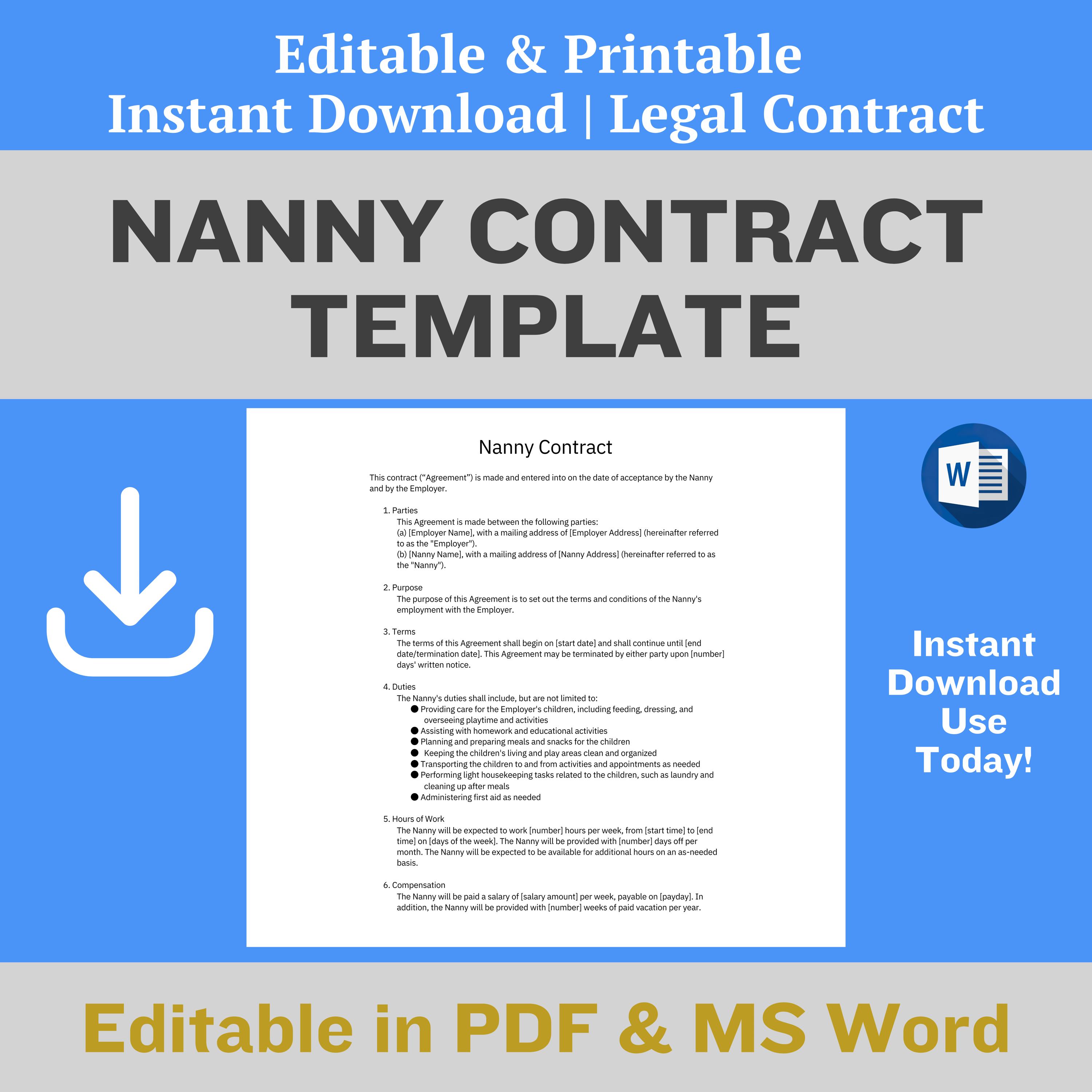 Editable Nanny Contract Template Printable Babysitter Agreement