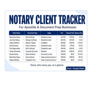 May include: A Notary Client Tracker spreadsheet template for Apostille and Document Prep businesses. The table includes columns for Client Name, Document Type, Stage, Fee, Deposit Paid, and Balance Due, with the text Know who owes you, at a glance.
