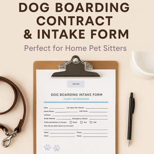 Gepersonaliseerd internaatscontract voor honden, bewerkbaar intakeformulier huisdieroppas, afdrukbare vrijstelling van aansprakelijkheid voor kleine bedrijven