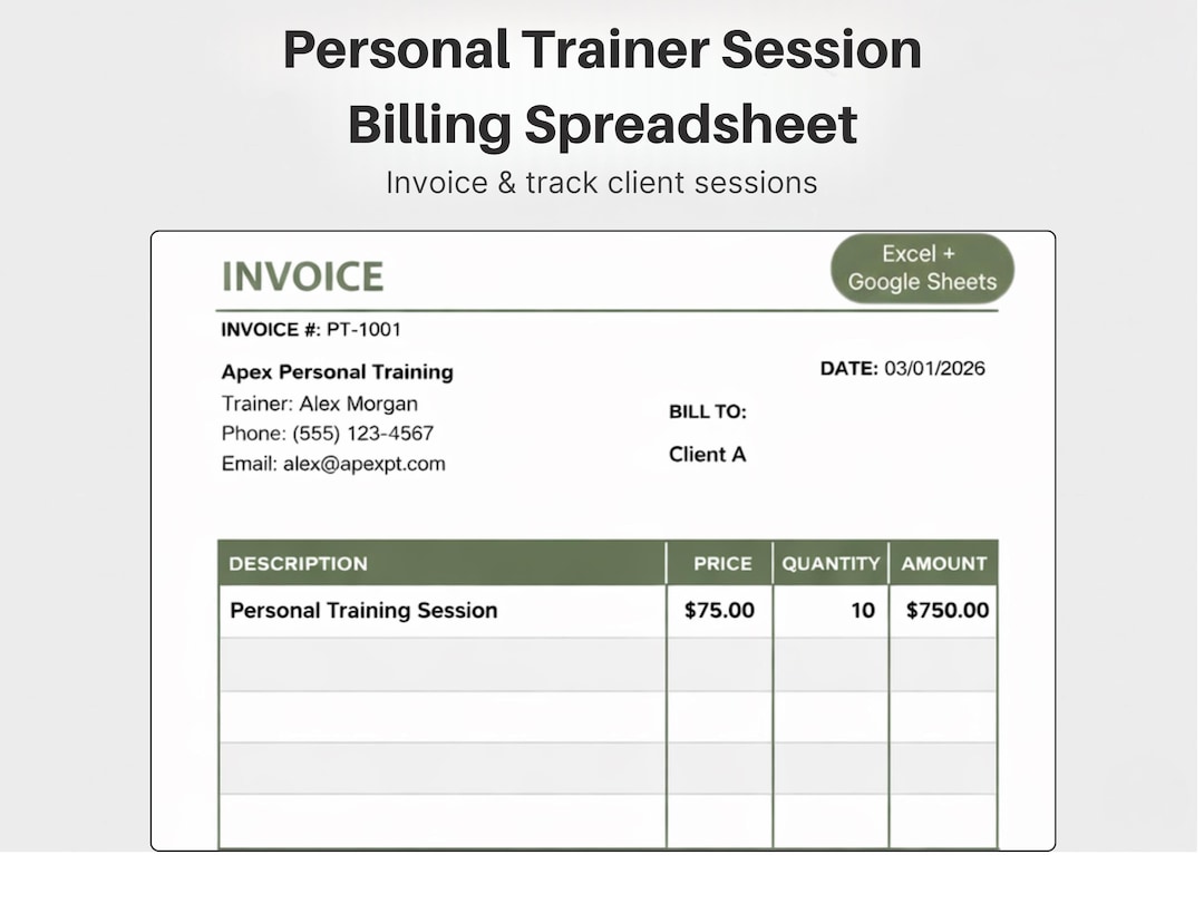 Personal Trainer Invoice Template | PT Session Billing Spreadsheet ...