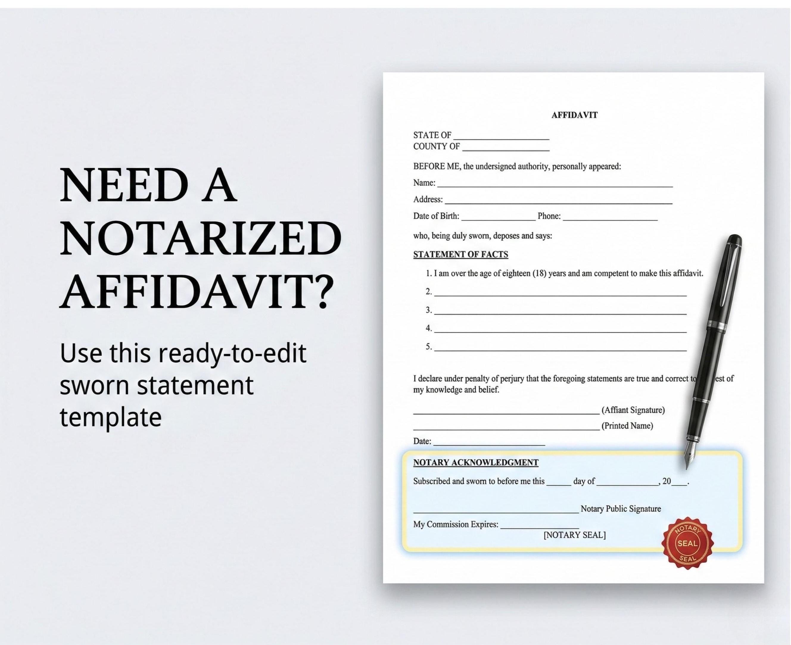 Affidavit Template | Editable Sworn Statement Form | Notarized Legal ...
