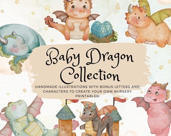 Watercolor Baby Dragons Nursery, Baby Dragon Clipart, Baby dragon baby shower, Cute Baby Dragon PNG, Watercolor baby Dragon Alphabet PNG Set