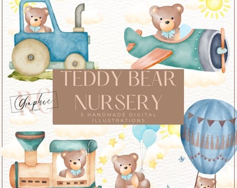Teddy Bear aviator, Teddy bear train, Teddy Bear nursery printable, Baby bear clipart, Teddy bear Baby shower clipart Teddy bear png clipart