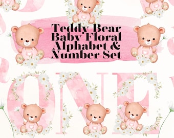 Baby Bear pink Alphabet, Baby Bear Pink Daisy Alphabet, Spring Pink Bear letters, Alphabet with bear, Pink Baby alphabet, baby bear girl Set