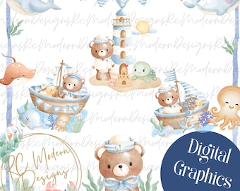 Nautical Teddy Bear Baby, Under the sea teddy bear, Teddy Bear baby, teddy bear set, Teddy bear Baby shower clipart, Teddy bear Nursery Set
