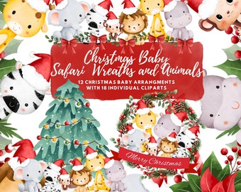 Christmas Safari Animals, Christmas Safari Baby Shower, Christmas Baby Animal, Christmas Animal Arrangement, Watercolor Christmas Safari Set