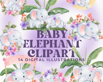 Baby Elephant Purple flowers, Purple elephant baby shower, Elephant nursery PNG, elephant birthday printable, Baby Elephant PNG Sublimations