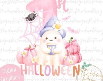 1st Halloween baby ghost, cute Halloween ghost, babys first Halloween png, pink first Halloween png, pink Halloween baby onesie sublimation