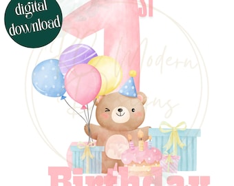 Pink Teddy Bear First Birthday, Pink First Birthday, First Birthday Girl, Beary First Birthday Digital, Teddy Bear 1st Birthday with Balloon