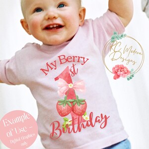May include: A light pink baby t-shirt with the words "My Berry 1st Birthday" in red script. The design includes a large number one with a pink bow and two strawberries. The shirt is for a baby's first birthday.