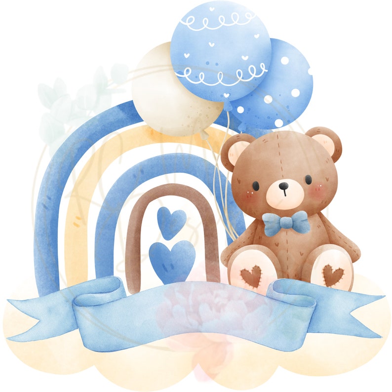 K&ouml;nnte beinhalten: Ein brauner Teddyb&auml;r mit einer blauen Schleife sitzt vor einem Regenbogen mit blauen, gelben und braunen Streifen. Der Regenbogen ist von wei&szlig;en Wolken und blauen und wei&szlig;en Luftballons umgeben.