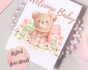 Welcome Baby Girl Bear Digital, Welcome Baby Bear Pink, New Baby Girl PNG, Pink Bear Baby Girl, Pink Baby bear clipart Pink Welcome Baby PNG