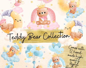 Baby teddy bear clipart, baby bear PNG, Watercolor Bear PNG bundle, teddy bear clipart, Teddy bear Baby shower clipart, Teddy bear PNG art