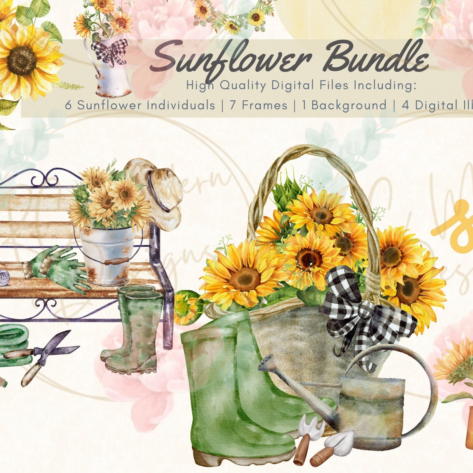 Sunflower clipart, Sunflower PNG, watercolor sunflower bouquet, Summer sunflower png, Sunflower clipart bundle, Summer clipart, Garden PNG