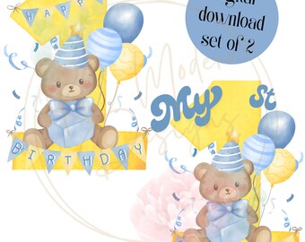 Teddy Bear Blue Balloons, 1st Birthday Boy, First Birthday Blue Bear, Blue Yellow Bear Baby, First Birthday PNG, First Birthday Bear Digital