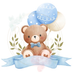 K&ouml;nnte beinhalten: Ein brauner Teddyb&auml;r mit einer blauen Schleife sitzt vor einem blauen und wei&szlig;en Ballon und einem cremefarbenen Ballon. Der B&auml;r ist von gr&uuml;nen Bl&auml;ttern und einem blauen Band umgeben.