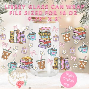 May include: A clear glass can wrap with a bamboo lid, designed for a 16 oz can. The wrap features colorful illustrations of books, coffee cups, candles, bows, and flowers. The dimensions are 9.75" x 5".
