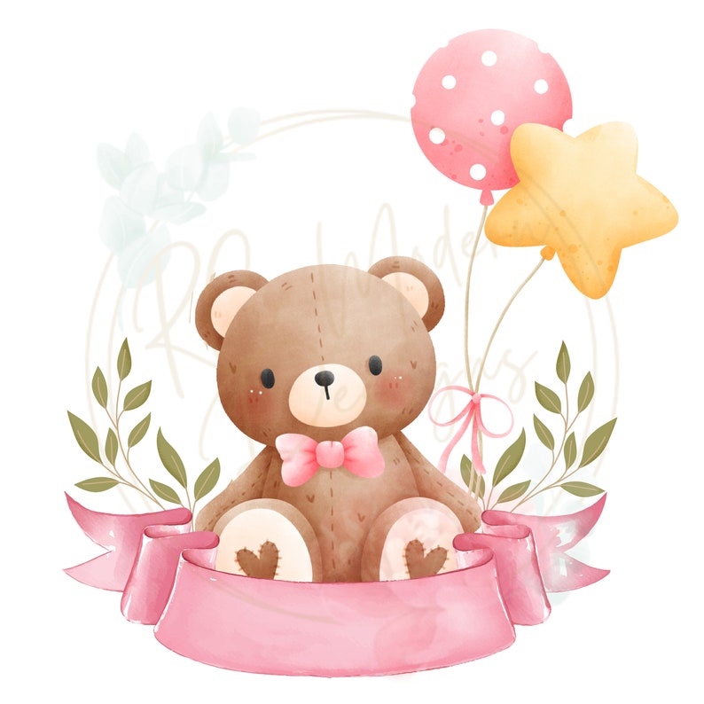 K&ouml;nnte beinhalten: Ein brauner Teddyb&auml;r mit einer rosa Schleife sitzt auf einem rosa Band mit einem rosa gepunkteten Ballon und einem gelben Sternballon dahinter.
