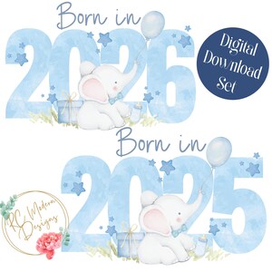 Nacido en 2025 Nacido en 2026 PNG Set, Nuevo Bebé PNG, nacido en PNG, sublimación de baby shower, bebé elefante, bebé elefante azul, bebé elefante