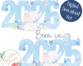 born in 2025 born in 2026 PNG, new baby sublimation, newborn boy png, baby blue elephant baby, elephant baby shower PNG new baby boy png set