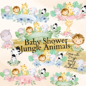 Animali del safari della giungla, Baby shower del safari, Clipart degli animali della giungla del baby shower, Clipart del compleanno della giungla, Baby shower del safari, 9 PNG,