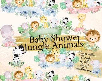 Bébé animaux de safari dans la jungle, baby shower safari, baby shower jungle animal clipart, clipart anniversaire jungle, baby shower safari, 9 PNG,