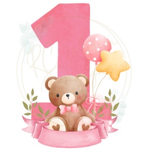 K&ouml;nnte beinhalten: Eine rosa Aquarell-Zahl eins mit einem braunen Teddyb&auml;r, der eine rosa Schleife h&auml;lt. Die Zahl eins ist von einem wei&szlig;en Kreis mit floralem Design und zwei Ballons umgeben, einem rosa und einem gelben.