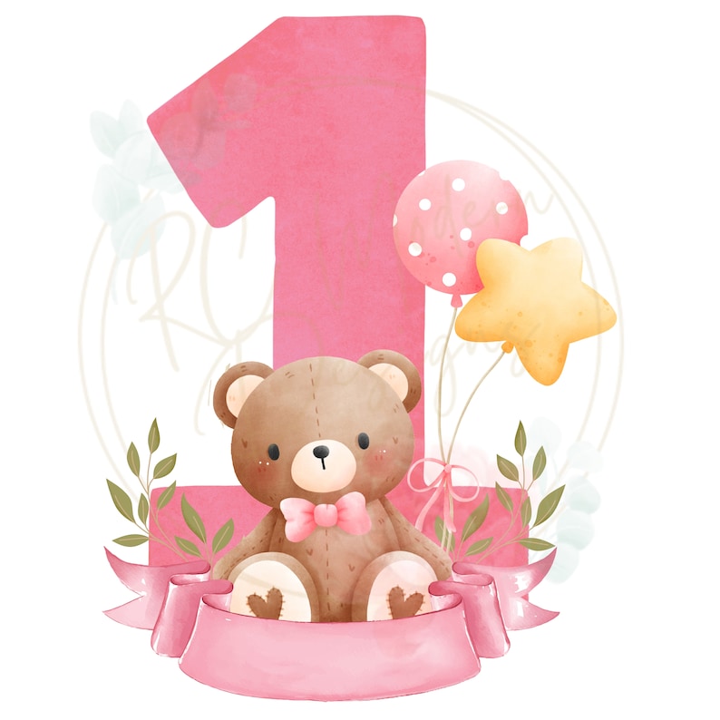 K&ouml;nnte beinhalten: Eine rosa Aquarell-Zahl eins mit einem braunen Teddyb&auml;r, der eine rosa Schleife h&auml;lt. Die Zahl eins ist von einem wei&szlig;en Kreis mit floralem Design und zwei Ballons umgeben, einem rosa und einem gelben.