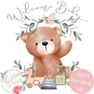 Welkom babybeer digitaal, welkom babybeer neutraal, nieuwe babymeisje png, neutrale beer babykamer, babybeer clipart, welkome babybeer png