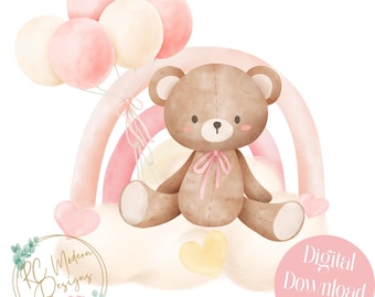 Teddy Bear Baby clipart, pink baby bear, Teddy Bear baby rainbow, teddy bear balloons, Teddy bear Baby shower clipart, Baby pink teddy bear