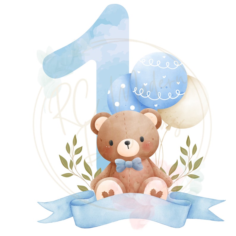 K&ouml;nnte beinhalten: Eine Aquarell-Illustration einer blauen Zahl Eins mit einem braunen Teddyb&auml;r, der eine blaue Schleife tr&auml;gt. Der Teddyb&auml;r sitzt vor der Zahl Eins mit drei Ballons dahinter. Die Ballons sind blau, wei&szlig; und hellblau. Die Illustration ist von einem Kreis aus gr&uuml;nen Bl&auml;ttern umgeben.