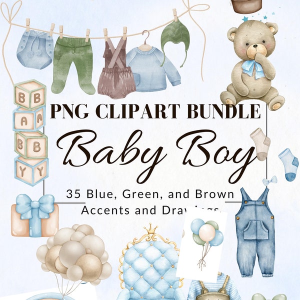 Baby Bear Clipart, watercolor bear boy png Baby shower clipart, New baby clipart, Baby boy png, Baby boy clipart bundle, Blue Green Baby png