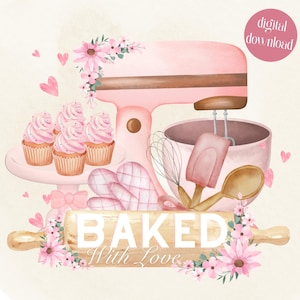 Horneado con amor, batidora rosa para hornear digital, cupcake rosa PNG, horneado rosa PNG, diseño de toalla de mano con sublimación de paño de cocina, horneado rosa con amor