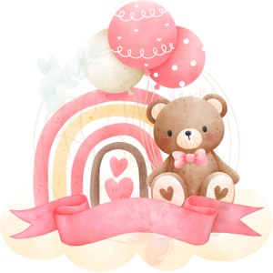 K&ouml;nnte beinhalten: Ein brauner Teddyb&auml;r mit einer rosa Schleife sitzt vor einem Regenbogen mit Herzen. Der B&auml;r h&auml;lt rosa Ballons mit wei&szlig;en Punkten.