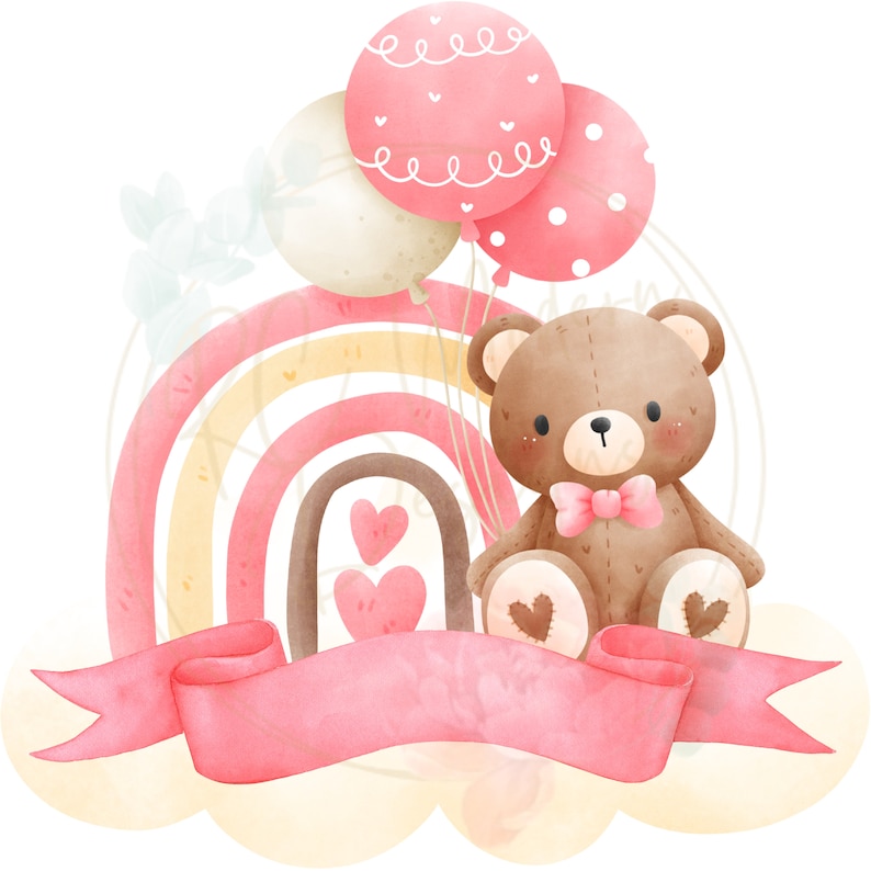 K&ouml;nnte beinhalten: Ein brauner Teddyb&auml;r mit einer rosa Schleife sitzt vor einem Regenbogen mit Herzen. Der B&auml;r h&auml;lt rosa Ballons mit wei&szlig;en Punkten.