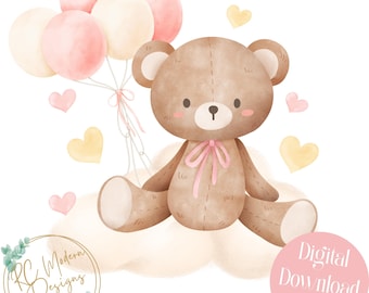 Teddy Bear Baby clipart, pink baby bear, Teddy Bear baby rainbow, teddy bear balloons, Teddy bear Baby shower clipart, Baby pink teddy bear