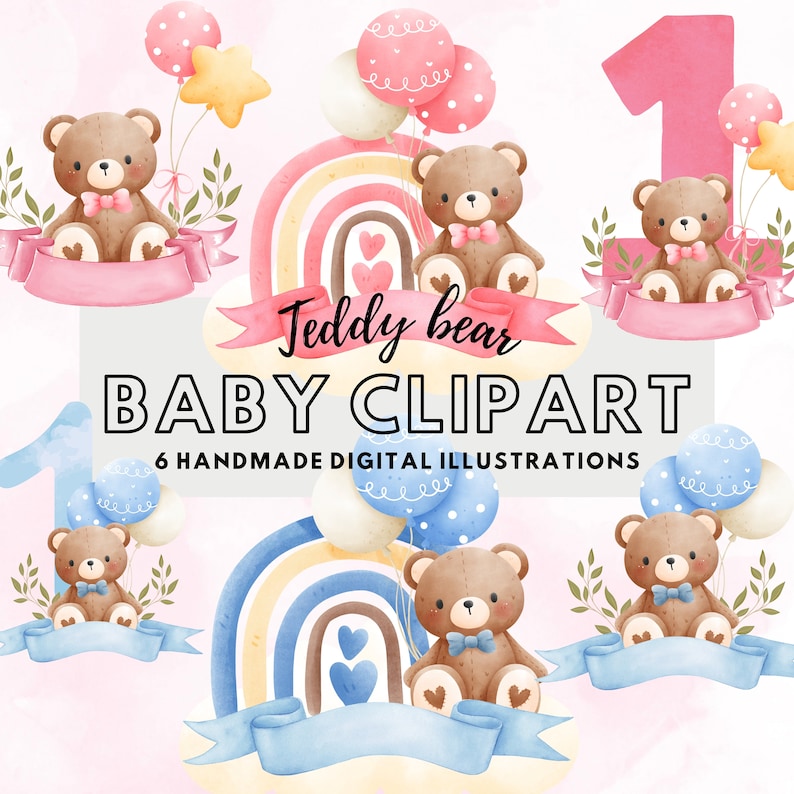 K&ouml;nnte beinhalten: Ein Set mit sechs digitalen Illustrationen mit Teddyb&auml;ren mit Schleifen, Regenb&ouml;gen und Ballons. Die Illustrationen sind in Rosa-, Blau- und Gelbt&ouml;nen gehalten und eignen sich perfekt f&uuml;r Babyparty-Einladungen, Karten oder Scrapbook-Seiten.