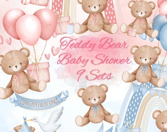 Teddybär Babyparty, Baby-Duschebär-Clipart, Baby-Teddybär-Clipart, Babybär PNG, Aquarell-Bär PNG-Bundle, Teddybär PNG Clipart