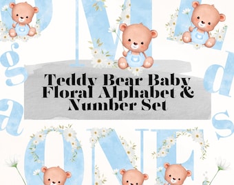 Baby Bear blue Alphabet, Baby Bear Blue Daisy Alphabet, Spring blue Bear letters, Alphabet with Bear, Baby Bear Blue Nursery, Bear letters