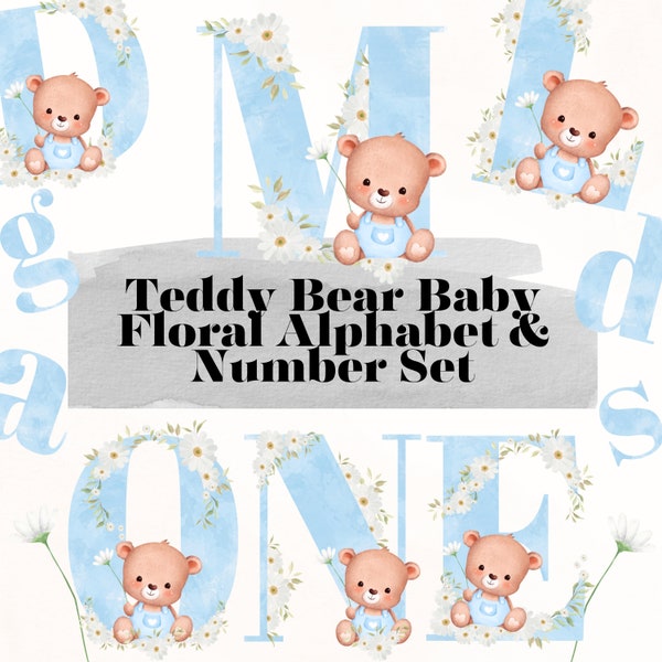 Baby Bear blue Alphabet, Baby Bear Blue Daisy Alphabet, Spring blue Bear letters, Alphabet with Bear, Baby Bear Blue Nursery, Bear letters