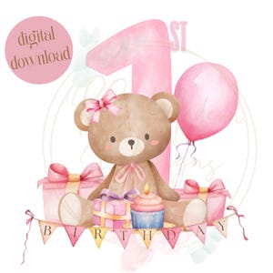 Teddybär Rosa Luftballons, 1. Geburtstag PNG, Erster Geburtstag Sublimation, Rosa Bär Baby Mädchen Erster Geburtstag, Erster Geburtstag Rosa Bär PNG