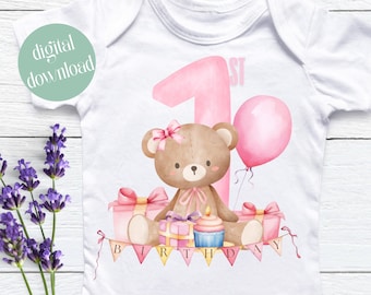 Teddy Bear Pink Balloons, 1st Birthday PNG, First Birthday Sublimation, Pink One Bear Baby Girl First Birthday, First Birthday Pink Bear PNG
