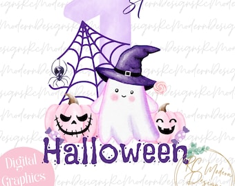 1st Halloween Ghost baby, cute purple Halloween ghost, baby first Halloween png, first Halloween png, Halloween baby onesie sublimation PNG